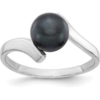 14K White Gold 7mm Black Freshwater Cultured Pearl Ring - Polished Band, Rhodium Plated by Monteluci Fine Jewelry
