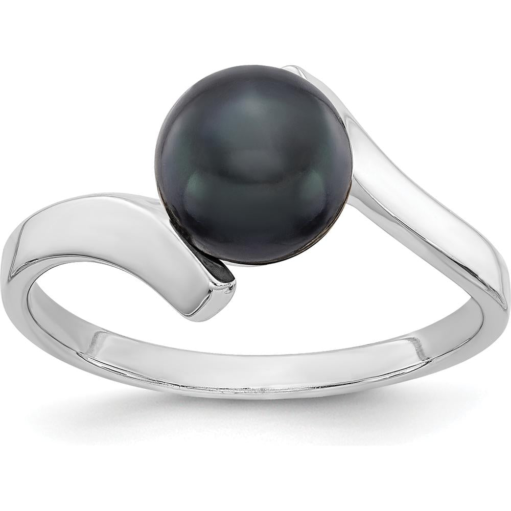 14K White Gold 7mm Black Freshwater Cultured Pearl Ring - Polished Band, Rhodium Plated by Monteluci Fine Jewelry