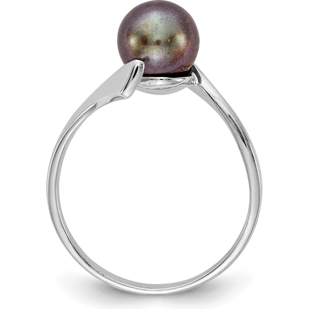 14K White Gold 7mm Black Freshwater Cultured Pearl Ring - Polished Band, Rhodium Plated by Monteluci Fine Jewelry