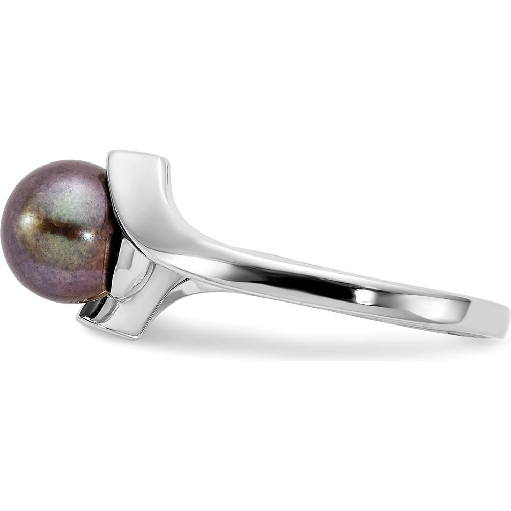 14K White Gold 7mm Black Freshwater Cultured Pearl Ring - Polished Band, Rhodium Plated by Monteluci Fine Jewelry