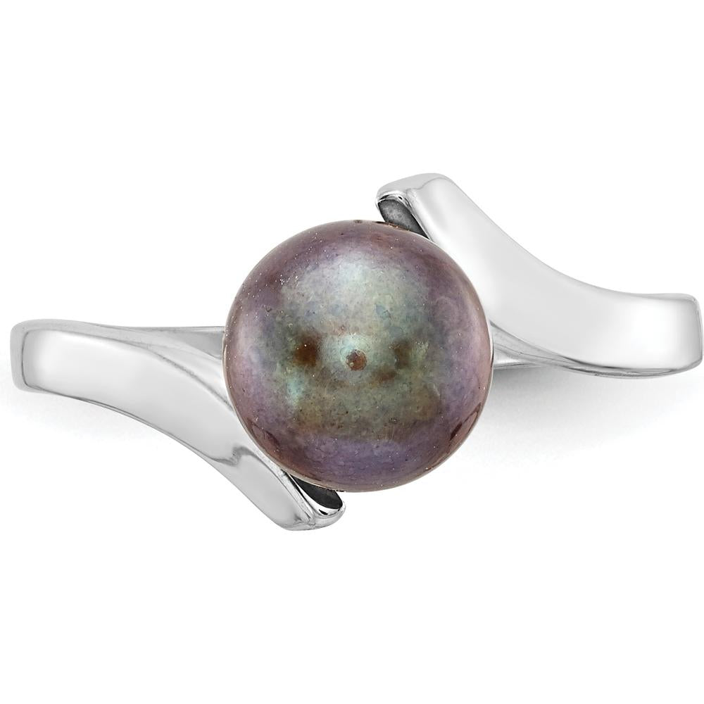 14K White Gold 7mm Black Freshwater Cultured Pearl Ring - Polished Band, Rhodium Plated by Monteluci Fine Jewelry