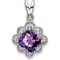 14K White Gold 7mm Cushion Amethyst and Diamond Scalloped Pendant - 1.707 Carat Amethyst, 0.04 Carat Diamond Total Weight by Lumare Gioia
