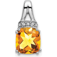 14K White Gold 7mm Cushion Citrine and Diamond Pendant - 1.25 Carat Citrine, 0.045 Carat Diamond Total Weight by Lumare Gioia