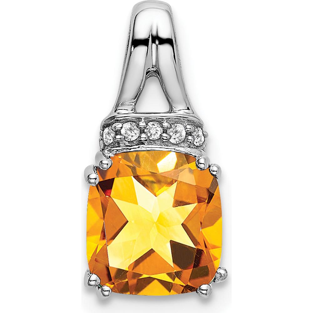 14K White Gold 7mm Cushion Citrine and Diamond Pendant - 1.25 Carat Citrine, 0.045 Carat Diamond Total Weight by Lumare Gioia
