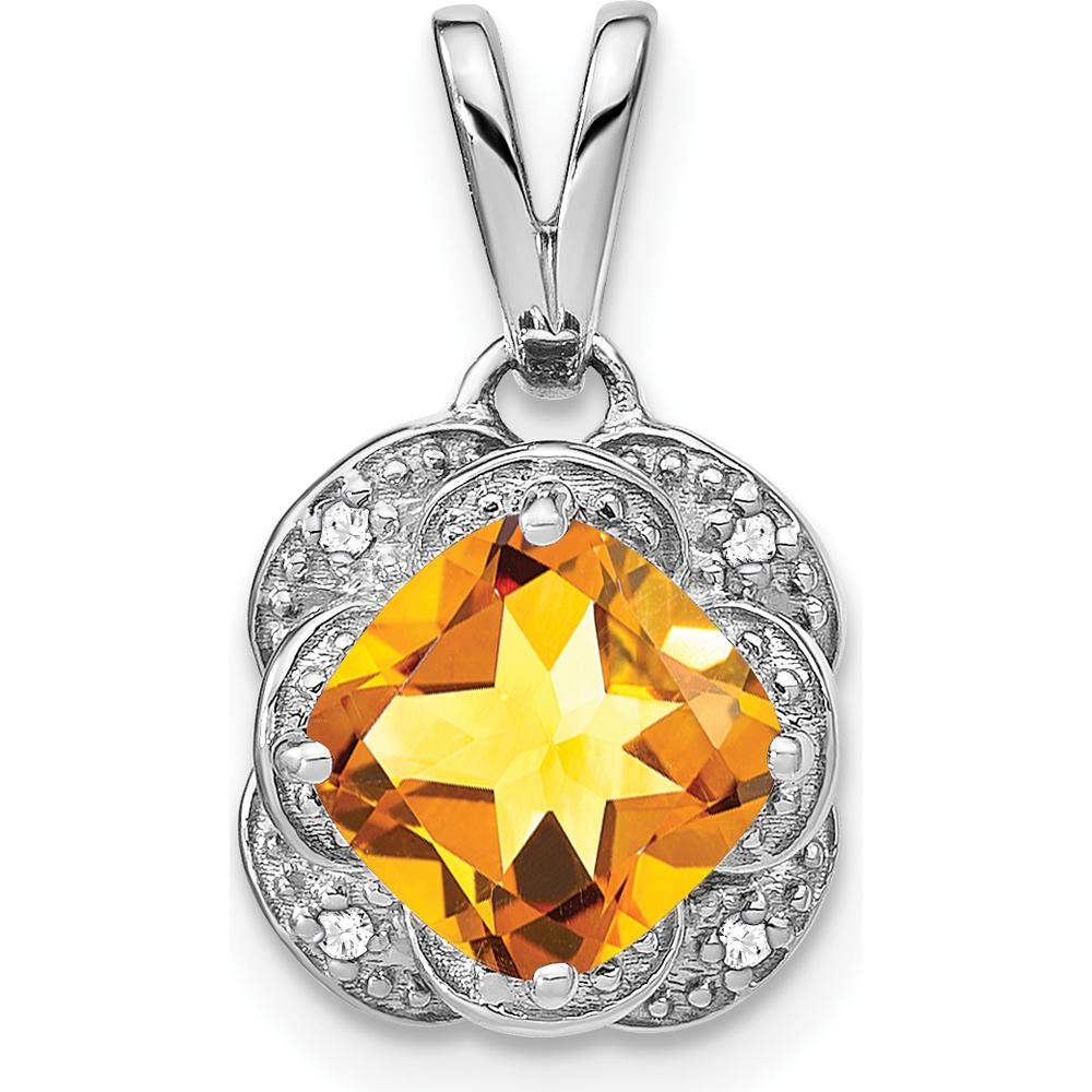 14K White Gold 7mm Cushion Citrine and Diamond Pendant - 2.005 Carat Total Gem Weight by Lumare Gioia