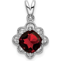 14K White Gold 7mm Cushion Cut Garnet and Round Diamond Scalloped Pendant - 1.71 Carat Total Gemstone Weight by Lumare Gioia