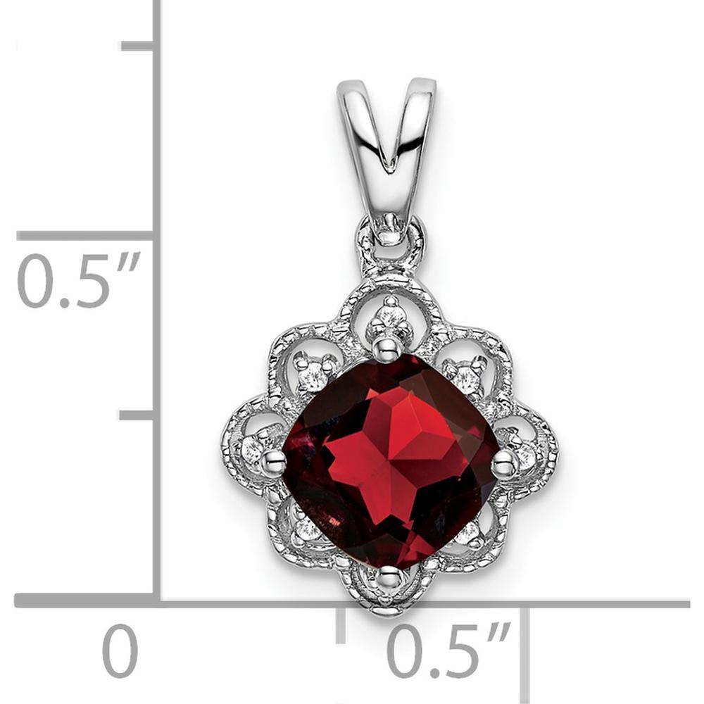 14K White Gold 7mm Cushion Cut Garnet and Round Diamond Scalloped Pendant - 1.71 Carat Total Gemstone Weight by Lumare Gioia