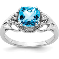 14K White Gold 7mm Cushion Cut Swiss Blue Topaz Ring with Round Diamonds - 1.79 Carat Total Stone Weight by 0