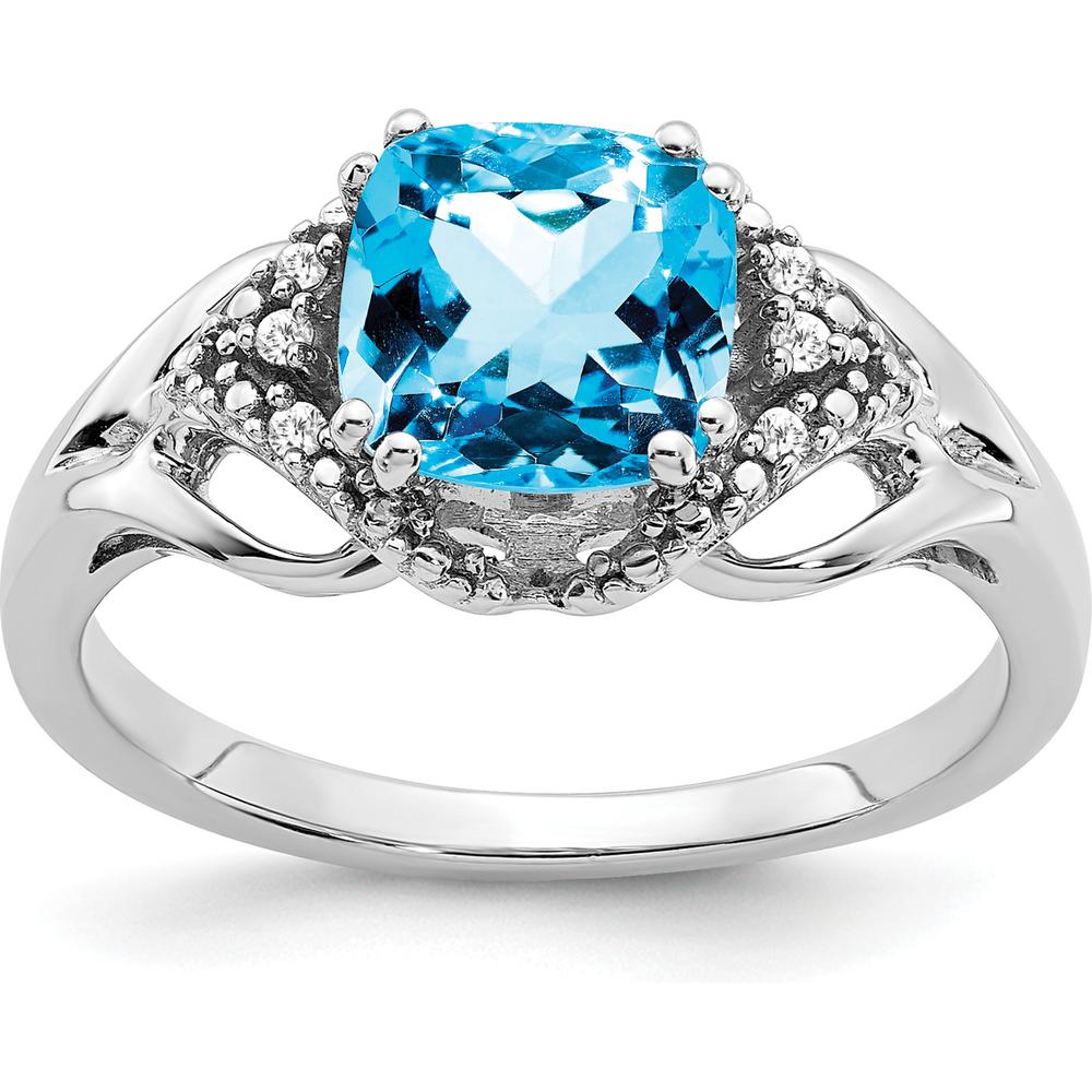 14K White Gold 7mm Cushion Cut Swiss Blue Topaz Ring with Round Diamonds - 1.79 Carat Total Stone Weight by 0
