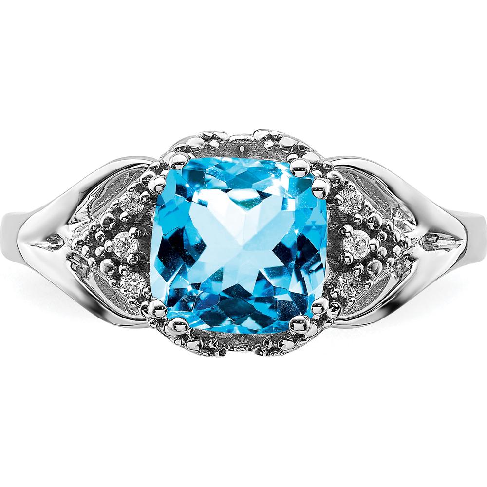 14K White Gold 7mm Cushion Cut Swiss Blue Topaz Ring with Round Diamonds - 1.79 Carat Total Stone Weight by 0