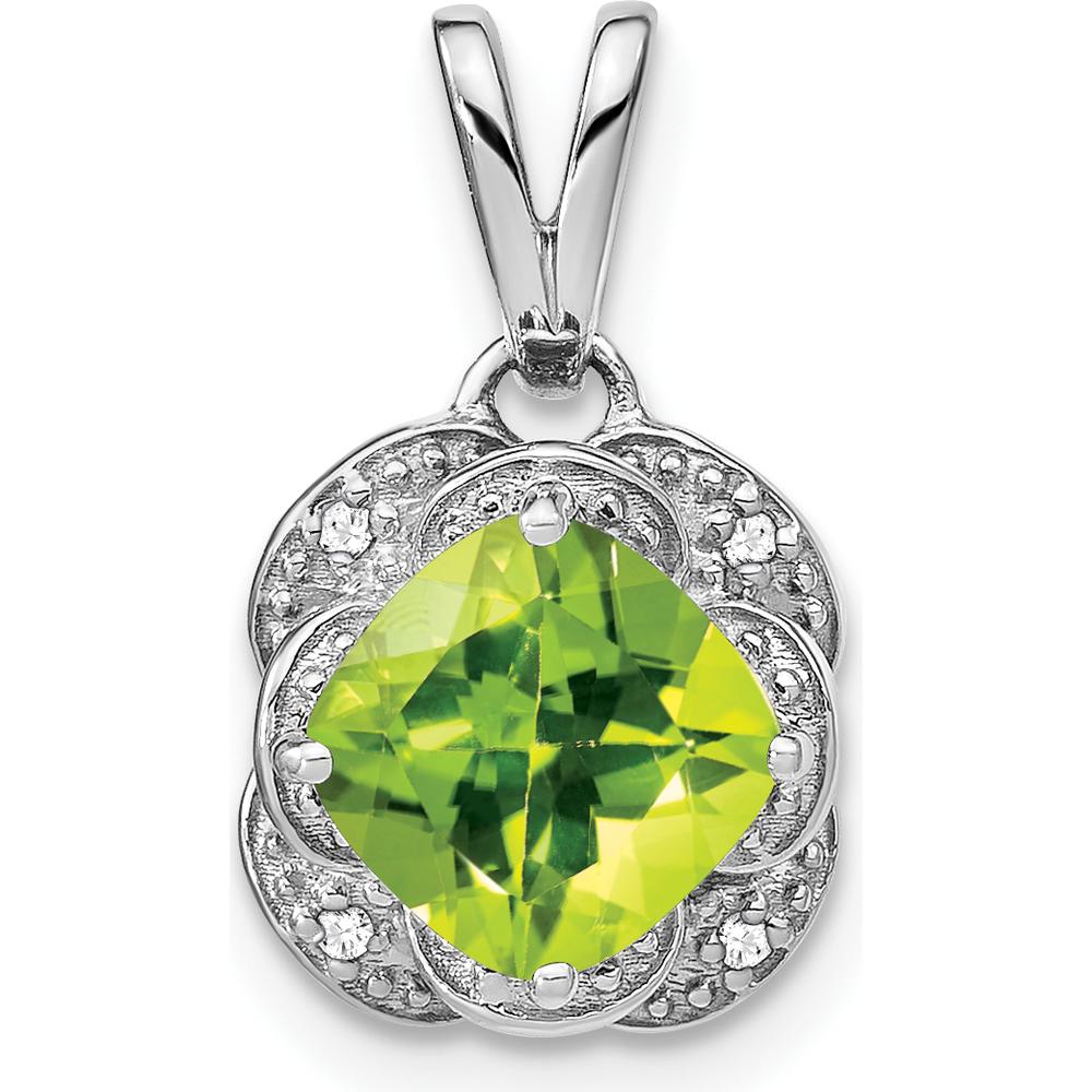 14K White Gold 7mm Cushion Peridot and Diamond Pendant - 2 Carat Peridot, 0.02 Carat Total Diamond Weight by Lumare Gioia