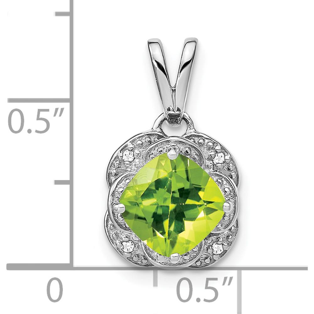 14K White Gold 7mm Cushion Peridot and Diamond Pendant - 2 Carat Peridot, 0.02 Carat Total Diamond Weight by Lumare Gioia