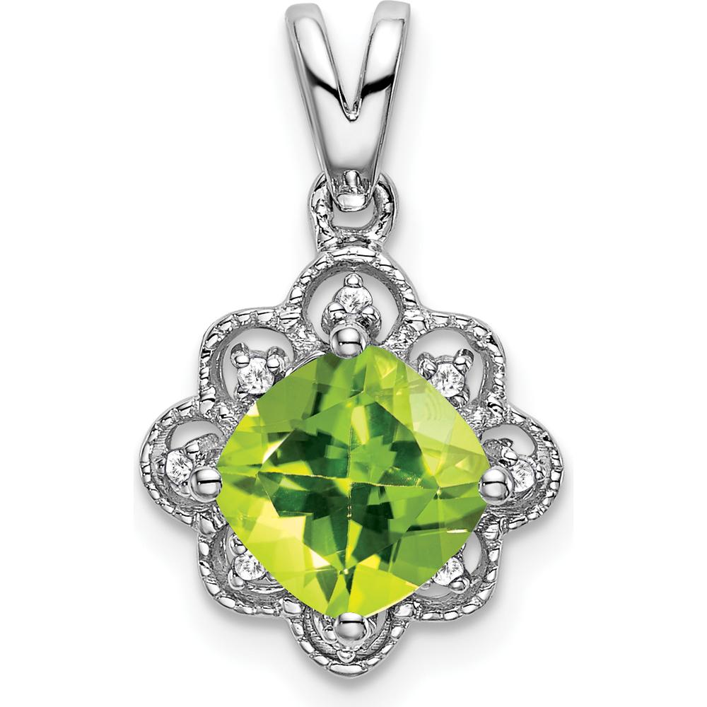 14K White Gold 7mm Cushion Peridot and Diamond Scalloped Pendant - 1.71 Carat Total Gemstone Weight by Lumare Gioia