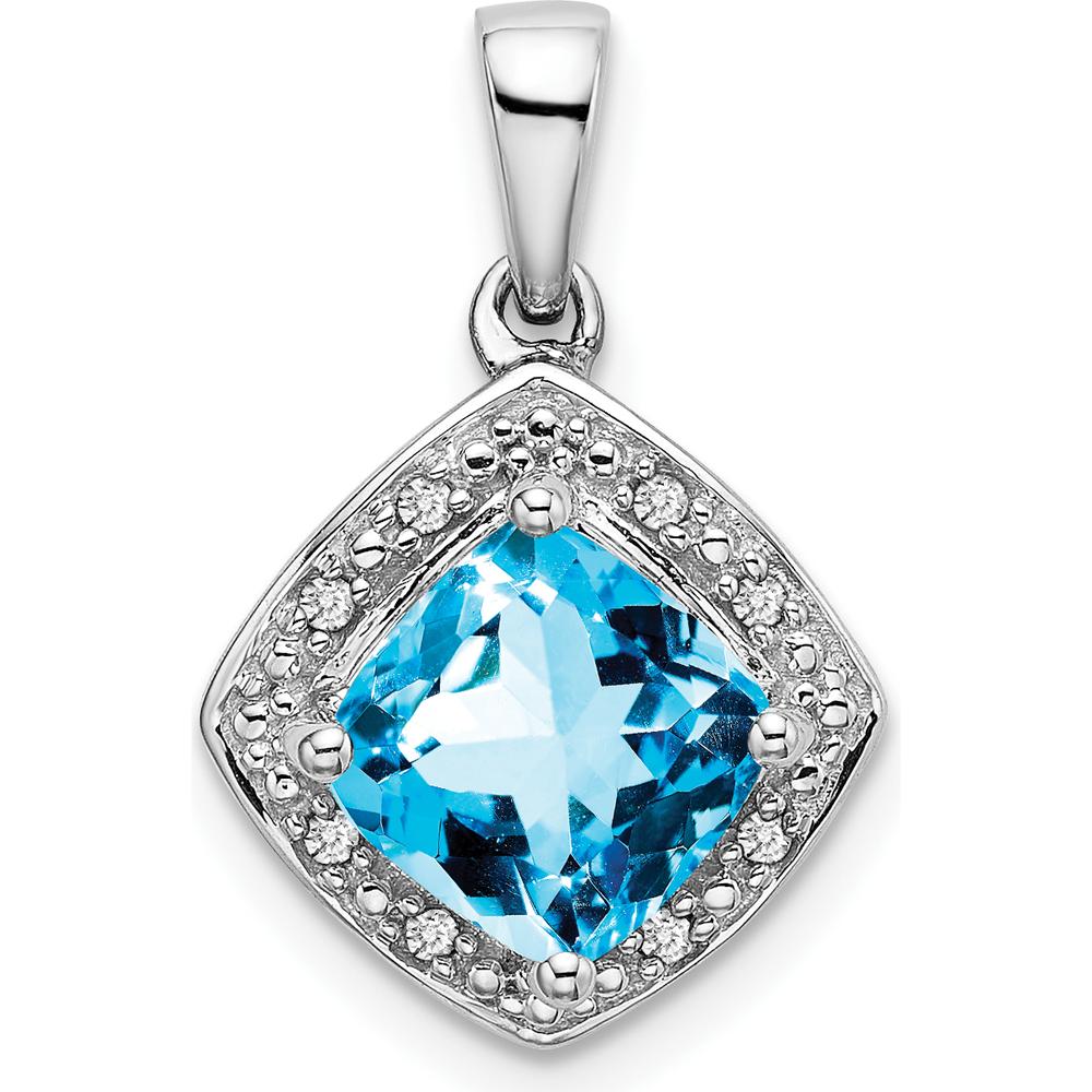 14K White Gold 7mm Cushion Swiss Blue Topaz and Diamond Halo Pendant - 2 Carat Total Topaz Weight by Lumare Gioia