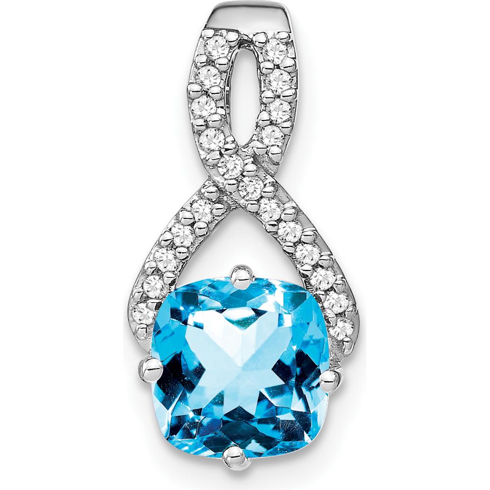 14K White Gold 7mm Cushion Swiss Blue Topaz and Diamond Pendant - 2 Carat Total Blue Topaz Weight, 0.105 Carat Total Diamond Weight by Lumare Gioia