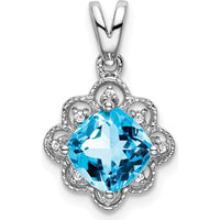 14K White Gold 7mm Cushion Swiss Blue Topaz and Diamond Scalloped Pendant - 1.71 Carat Total Topaz Weight by Lumare Gioia