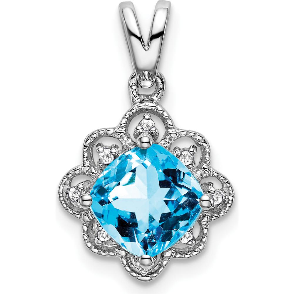 14K White Gold 7mm Cushion Swiss Blue Topaz and Diamond Scalloped Pendant - 1.71 Carat Total Topaz Weight by Lumare Gioia