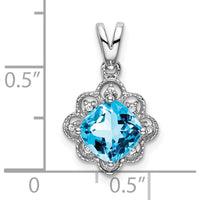 14K White Gold 7mm Cushion Swiss Blue Topaz and Diamond Scalloped Pendant - 1.71 Carat Total Topaz Weight by Lumare Gioia