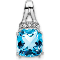 14K White Gold 7mm Cushion Swiss Blue Topaz and Round Diamond Pendant Slide - 1.25 Carat Total Topaz Weight by Lumare Gioia