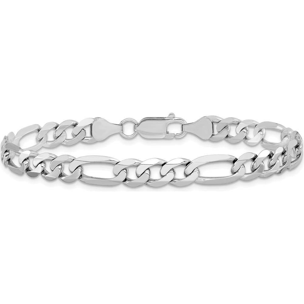 14K White Gold 7mm Flat Figaro Chain Bracelet with Lobster Clasp - 8" Length by Oro Pregiato