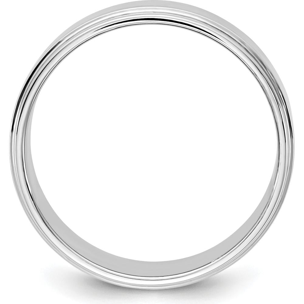 14K White Gold 7mm Flat Wedding Band with Step Down Edge - Rhodium Plated by Luciano & Cie