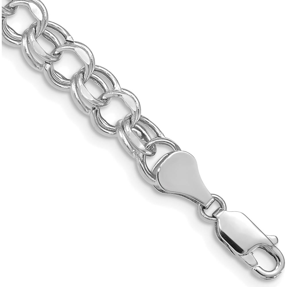 14K White Gold 7mm Hollow Diamond-cut Double Link Charm Bracelet - 8" Length by Oro Pregiato