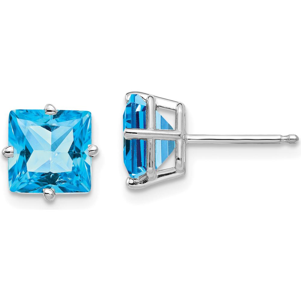 14K White Gold 7mm Princess Cut Swiss Blue Topaz Earrings - 2.00 Carat Total Blue Topaz Weight by Monteluci Fine Jewelry