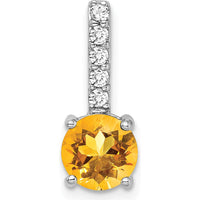 14K White Gold 7mm Round Citrine and Diamond Pendant - 1.25 Carat Citrine, 0.0253 Carat Total Diamond Weight by Lumare Gioia