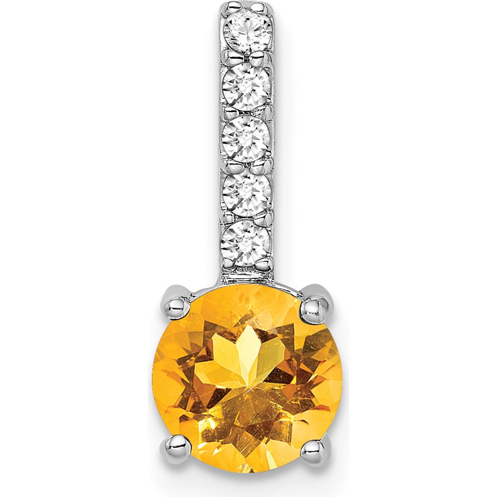 14K White Gold 7mm Round Citrine and Diamond Pendant - 1.25 Carat Citrine, 0.0253 Carat Total Diamond Weight by Lumare Gioia