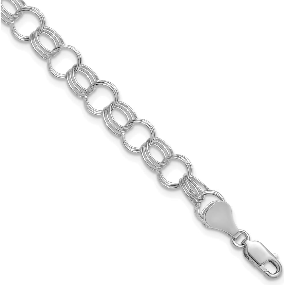 14K White Gold 7mm Solid Triple Link Charm Bracelet - Polished Finish, Lobster Clasp by Oro Pregiato