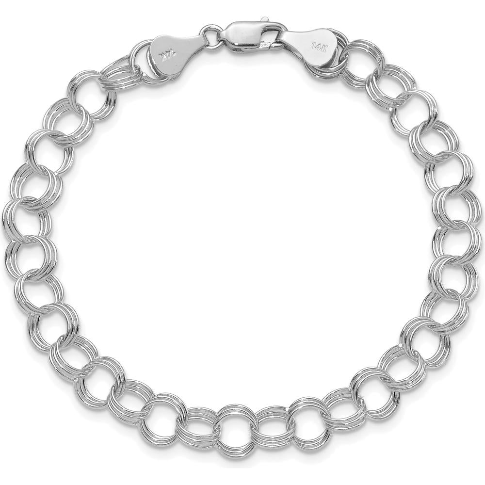 14K White Gold 7mm Solid Triple Link Charm Bracelet - Polished Finish, Lobster Clasp by Oro Pregiato