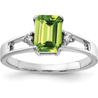 14K White Gold 7x5mm Emerald Cut Peridot Ring with Round Diamonds - 1 Carat Peridot, 0.04 Carat Total Diamond Weight by Monteluci Fine Jewelry