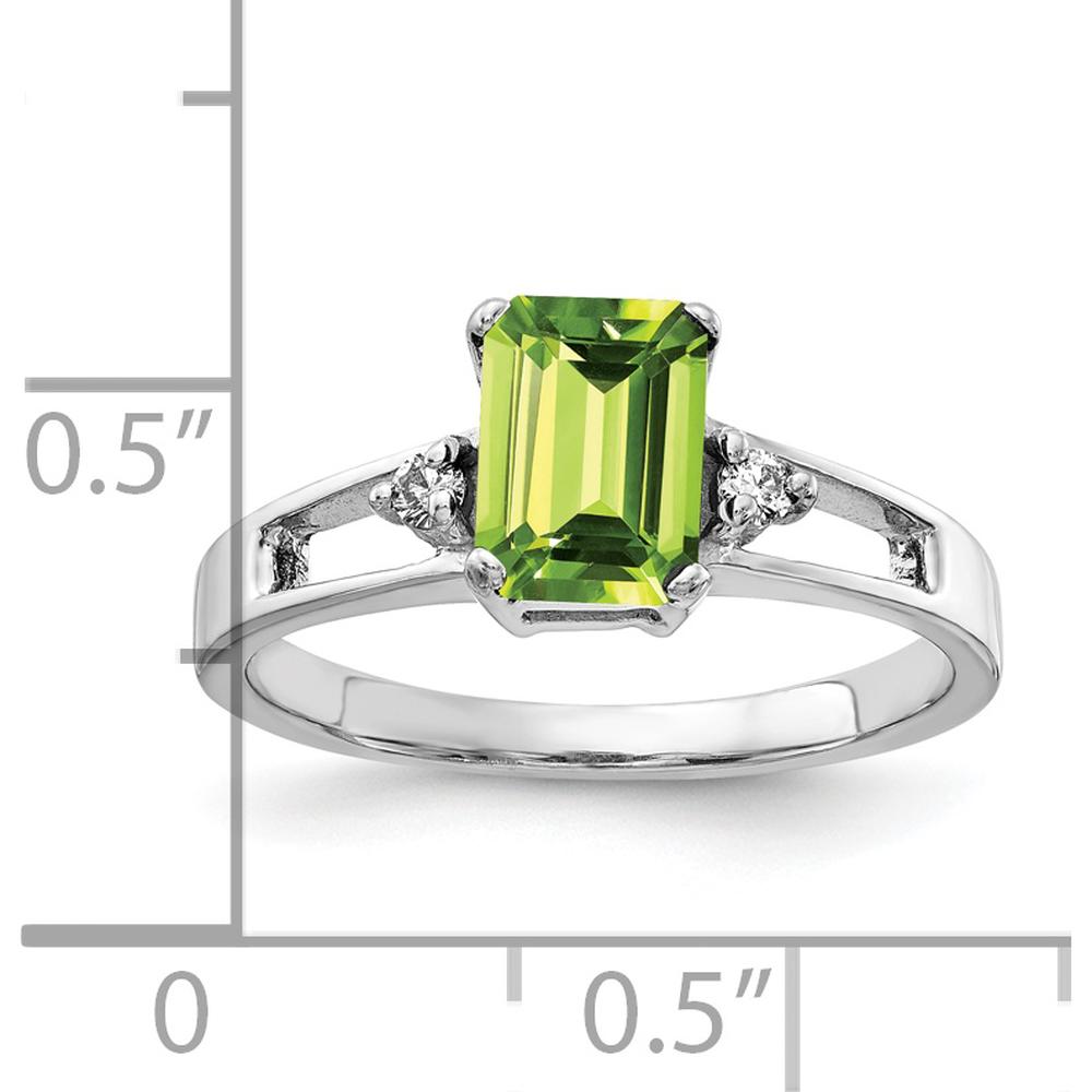 14K White Gold 7x5mm Emerald Cut Peridot Ring with Round Diamonds - 1 Carat Peridot, 0.04 Carat Total Diamond Weight by Monteluci Fine Jewelry