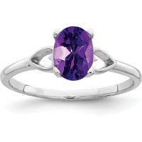 14K White Gold 7x5mm Oval Natural Amethyst Ring with Heart Motif and Polished Tapered Band by Monteluci Fine Jewelry