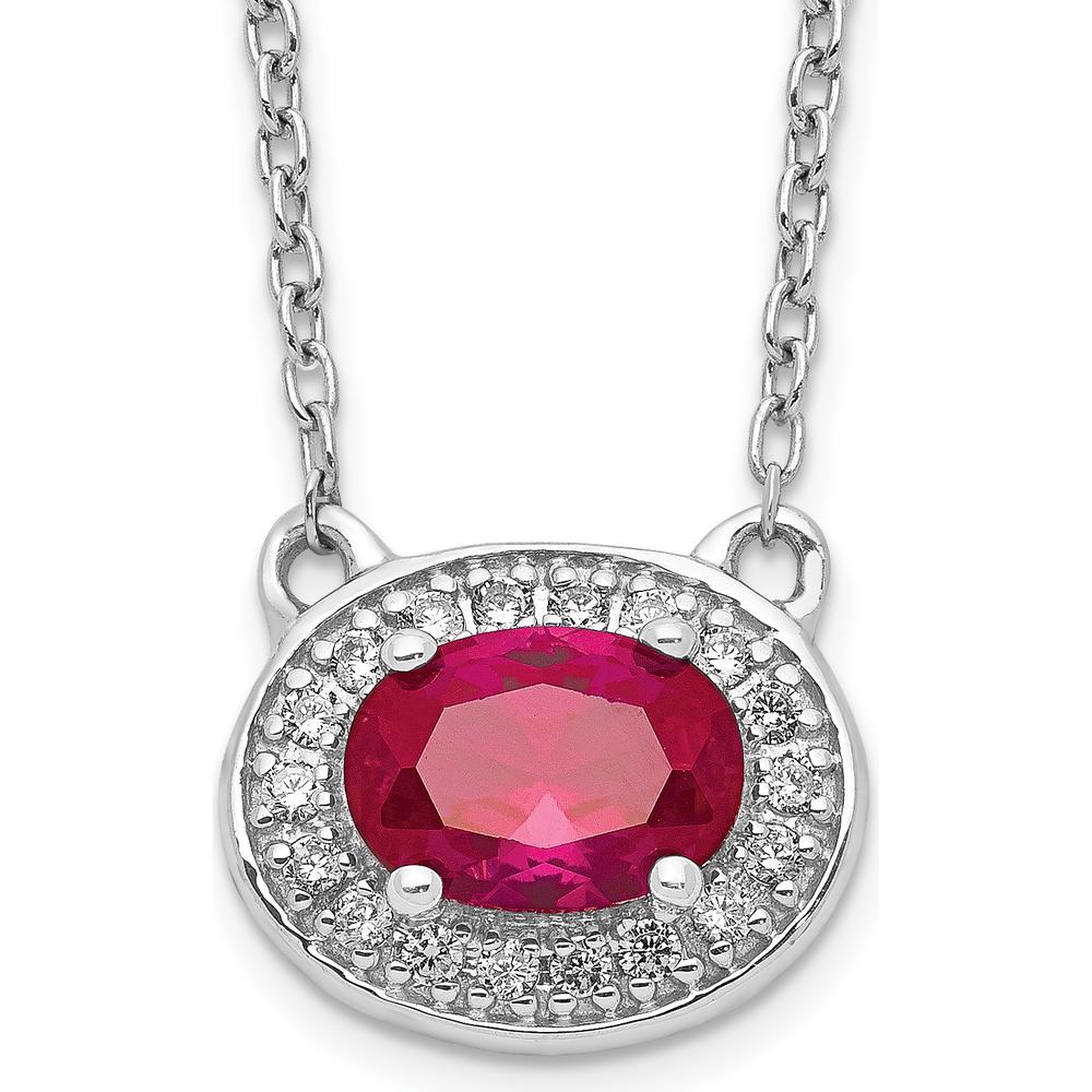 14K White Gold 7x5mm Oval Ruby Halo Pendant Necklace with Round Diamonds - 0.89 Carat Ruby Weight by Monteluci Fine Jewelry
