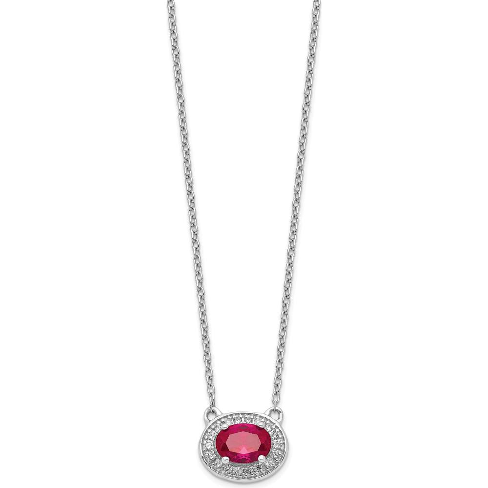 14K White Gold 7x5mm Oval Ruby Halo Pendant Necklace with Round Diamonds - 0.89 Carat Ruby Weight by Monteluci Fine Jewelry