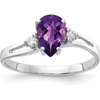 14K White Gold 7x5mm Pear Amethyst Checkerboard Diamond Ring with Round Diamond Accents - 0.68 Carat Amethyst, 0.025 Carat Total Diamond Weight by Monteluci Fine Jewelry