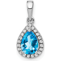 14K White Gold 7x5mm Pear Swiss Blue Topaz and Diamond Halo Pendant - 0.77 Carat Swiss Blue Topaz, 0.005 Carat Diamond by Lumare Gioia