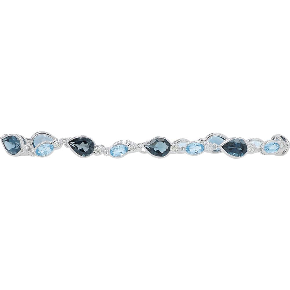 14K White Gold 8.25 Carat Total Swiss & London Blue Topaz Bracelet with 0.50 Carat Diamond Accents
