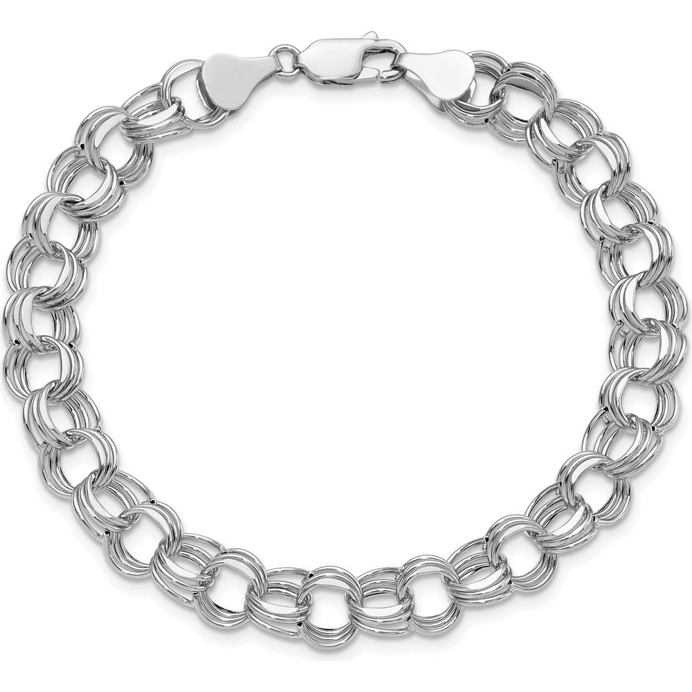 14K White Gold 8.5mm Hollow Triple Link 8.25" Charm Bracelet with Diamond-Cut Texture and Lobster Clasp by Oro Pregiato
