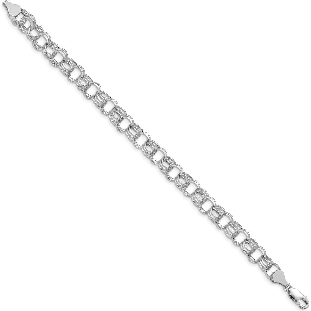14K White Gold 8.5mm Hollow Triple Link Charm Bracelet - Diamond-Cut Links, Rhodium Plated, 7.25" by Oro Pregiato