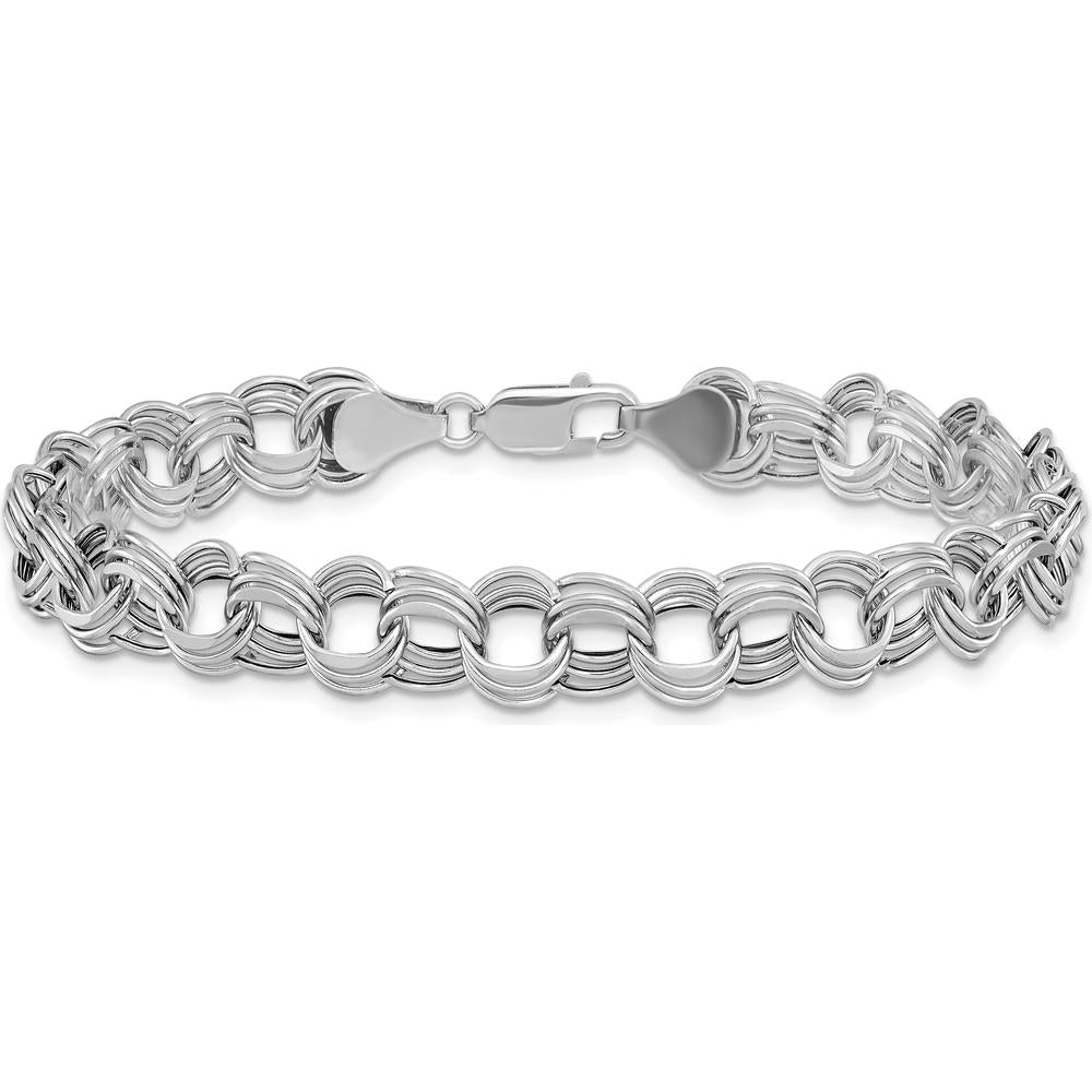 14K White Gold 8.5mm Hollow Triple Link Charm Bracelet - Diamond-Cut Links, Rhodium Plated, 7.25" by Oro Pregiato