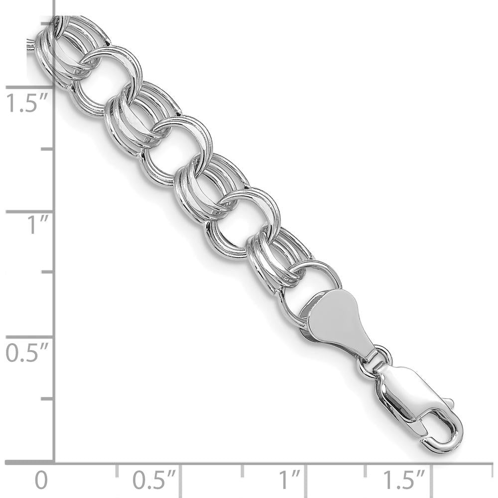 14K White Gold 8.5mm Hollow Triple Link Charm Bracelet - Diamond-Cut Links, Rhodium Plated, 7.25" by Oro Pregiato