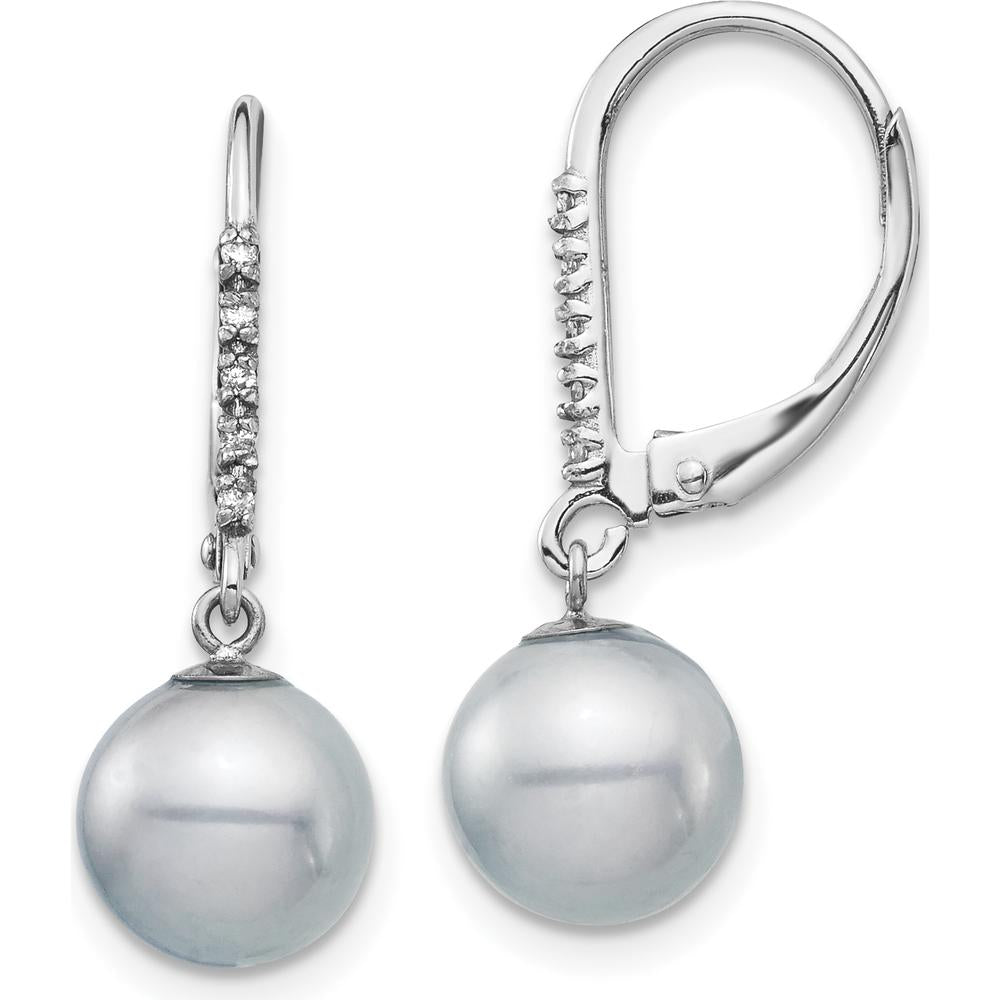 14K White Gold 8-9mm Grey Freshwater Cultured Pearl and Diamond Dangle Leverback Earrings - 0.05 Carat Total Diamond Weight by Monteluci Fine Jewelry