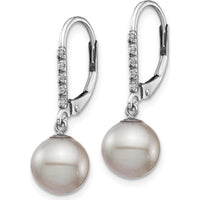 14K White Gold 8-9mm Grey Freshwater Cultured Pearl and Diamond Dangle Leverback Earrings - 0.05 Carat Total Diamond Weight by Monteluci Fine Jewelry
