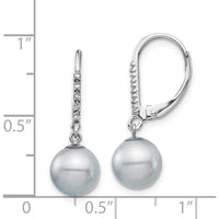 14K White Gold 8-9mm Grey Freshwater Cultured Pearl and Diamond Dangle Leverback Earrings - 0.05 Carat Total Diamond Weight by Monteluci Fine Jewelry