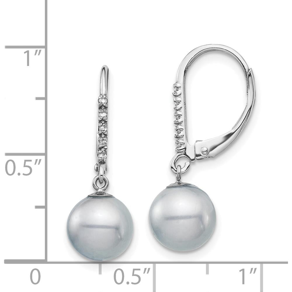 14K White Gold 8-9mm Grey Freshwater Cultured Pearl and Diamond Dangle Leverback Earrings - 0.05 Carat Total Diamond Weight by Monteluci Fine Jewelry