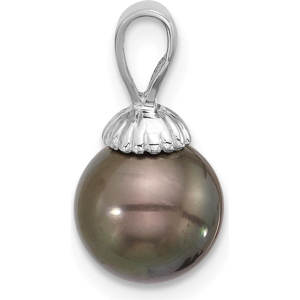 14K White Gold 8-9mm Round Black Tahitian Cultured Pearl Pendant with Rhodium Finish by Monteluci Fine Jewelry