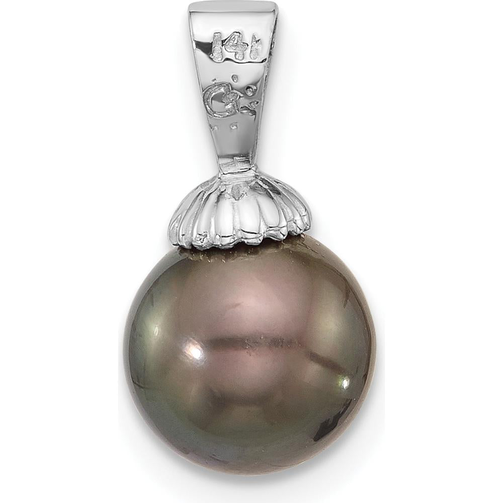 14K White Gold 8-9mm Round Black Tahitian Cultured Pearl Pendant with Rhodium Finish by Monteluci Fine Jewelry