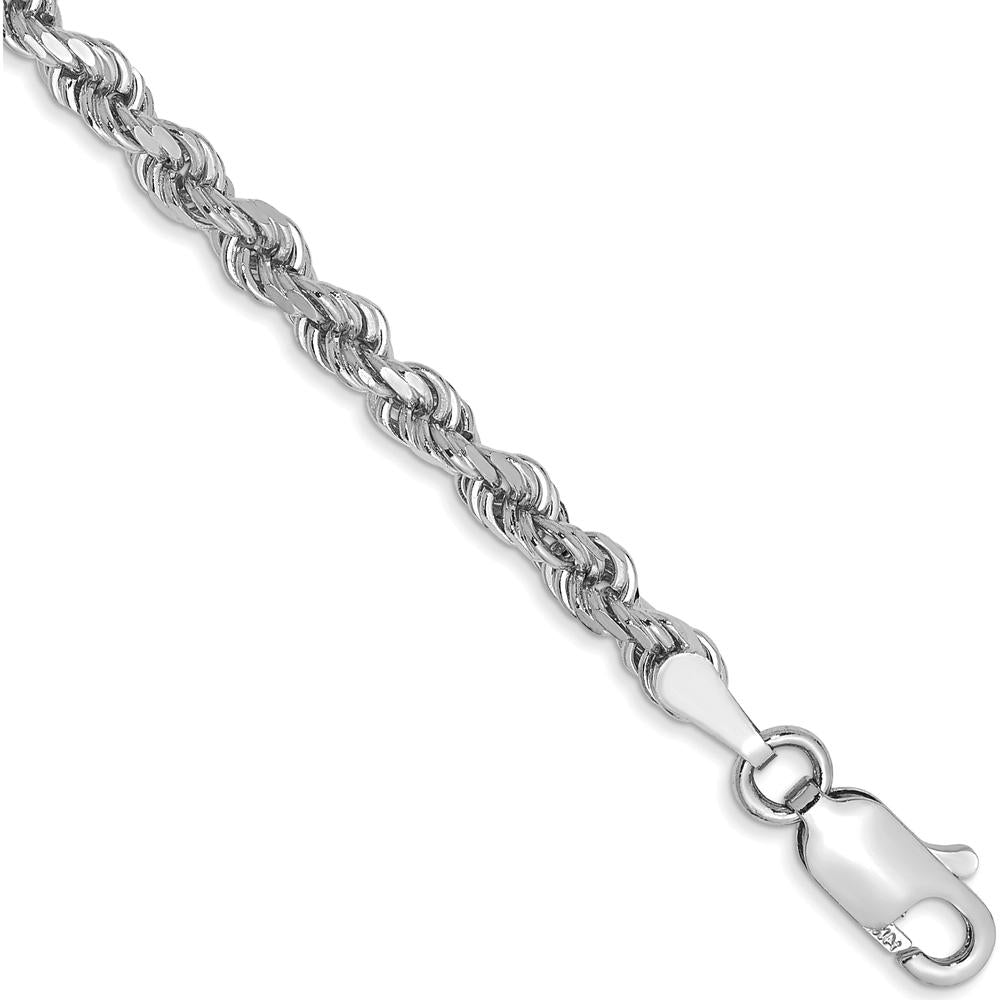 14K White Gold 8" Diamond-Cut Rope Bracelet with Lobster Clasp - 3mm Solid Polished Handmade Chain